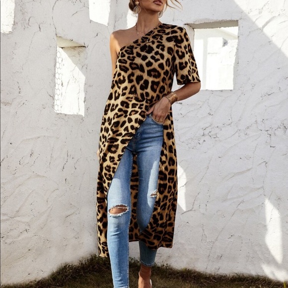 One Shoulder Leopard Print Asymmetrical High Low Tunic Top Blouse Shirt - Picture 4 of 7